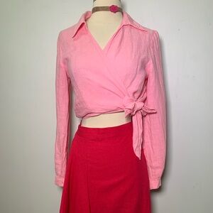 ZARA NWT 100% Linen  barbie pink wrap blouse size S ref 2624/500 summer beach